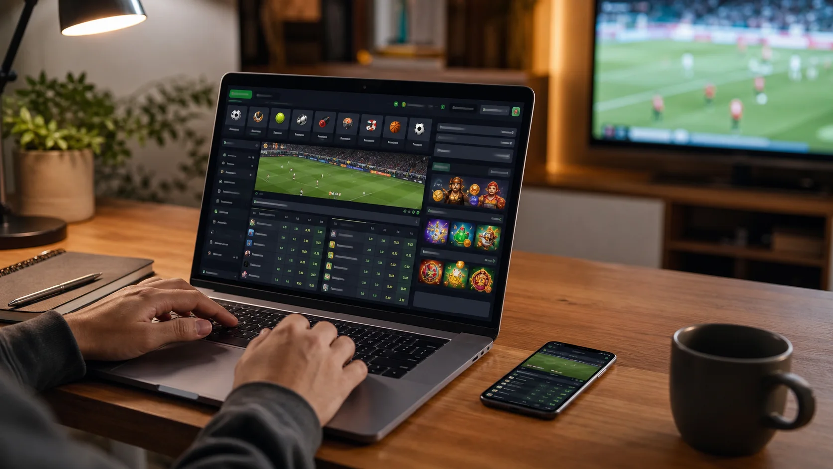 Plataforma tombola em notebook e celular com apostas esportivas e cassino online